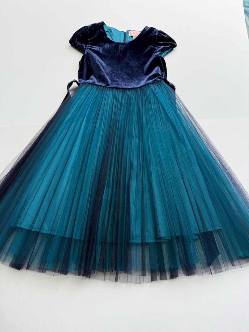 Girls Navy Velvet and Teal Tulle Party Dress Size 10